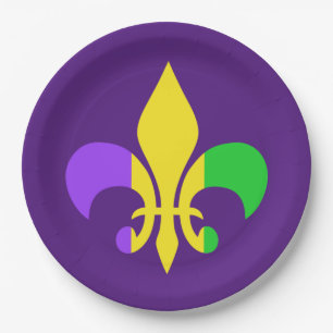 Mardi Gras Green Yellow Purple Fleur-de-Lis Paper Plate
