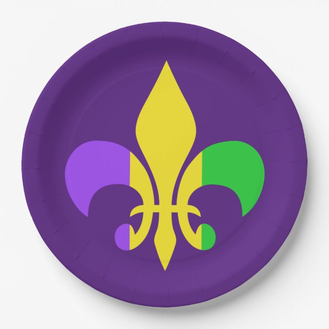 Mardi Gras Green Yellow Purple Fleur-de-Lis Paper Plate (Front)
