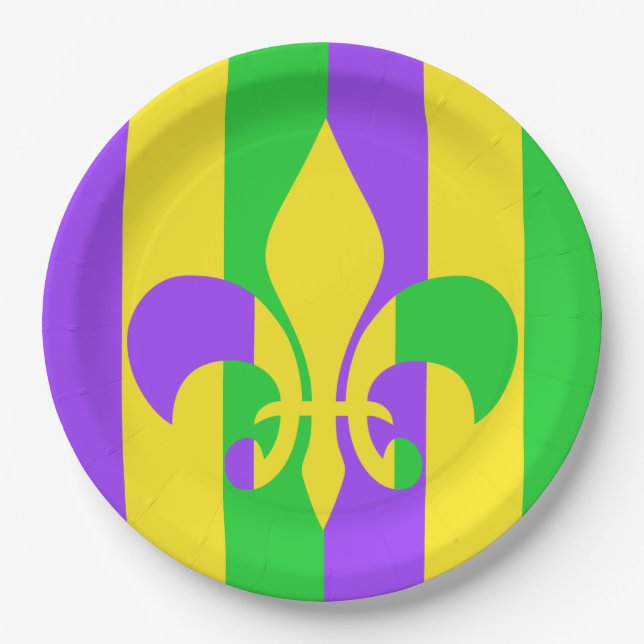 Mardi Gras Green Yellow Purple Fleur-de-Lis Paper Plate (Front)