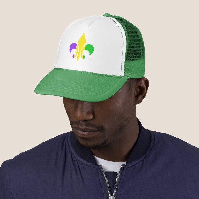 Mardi Gras Green Yellow Purple Fleur-de-Lis Trucker Hat (In Situ)