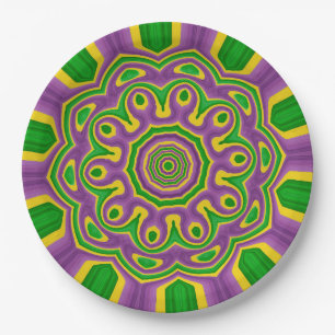Mardi Gras Green Yellow Purple Pattern Mandala Paper Plate