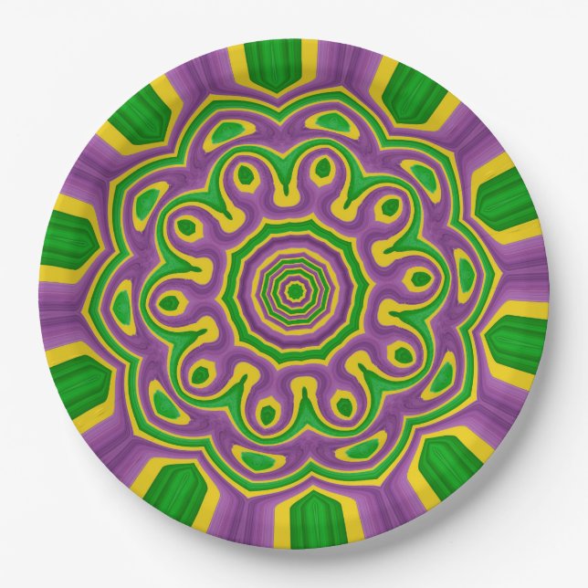 Mardi Gras Green Yellow Purple Pattern Mandala Paper Plate (Front)