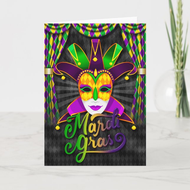 Mardi Gras Greeting Card, Mardi Gras Jester Mask Card (Front)