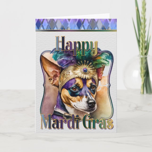 Mardi Gras Greeting Card, Mardi Gras Terrier Card (Front)