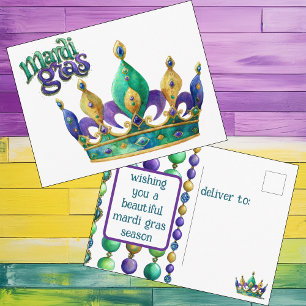 Mardi Gras Greeting with Crown and Beads Holiday Postcard