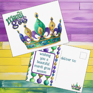 Mardi Gras Greeting with Crown and Beads Holiday Postcard