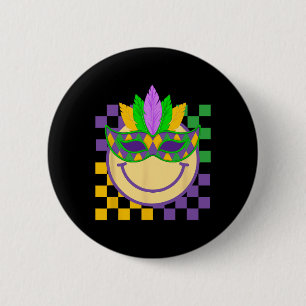 Mardi Gras Groovy Smile Face Wearing Mask Checkere 6 Cm Round Badge