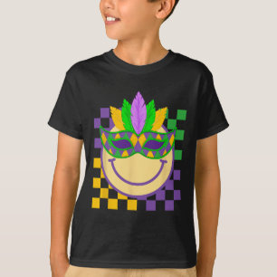 Mardi Gras Groovy Smile Face Wearing Mask Checkere T-Shirt