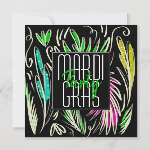 Mardi Gras Hand Drawn Botanical Pink Black Square Invitation