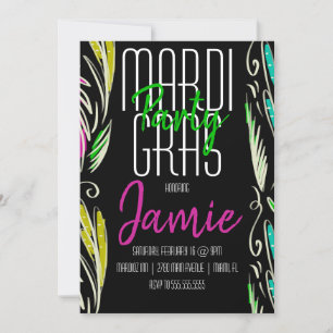 Mardi Gras Hand Drawn Botanical Pink Green Black Invitation