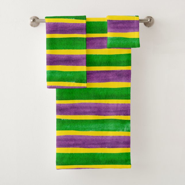 Mardi Gras Hand Painted Purple Green Gold Stripes Bath Towel Set (Insitu)