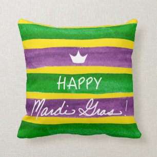 Mardi Gras Hand Painted Purple Green Gold Stripes Cushion