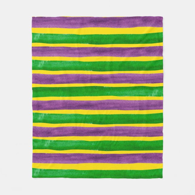 Mardi Gras Hand Painted Purple Green Gold Stripes Fleece Blanket (Front)