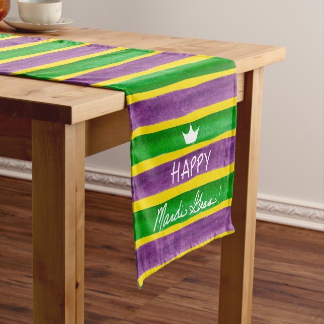 Mardi Gras Hand Painted Purple Green Gold Stripes Medium Table Runner (In Situ)