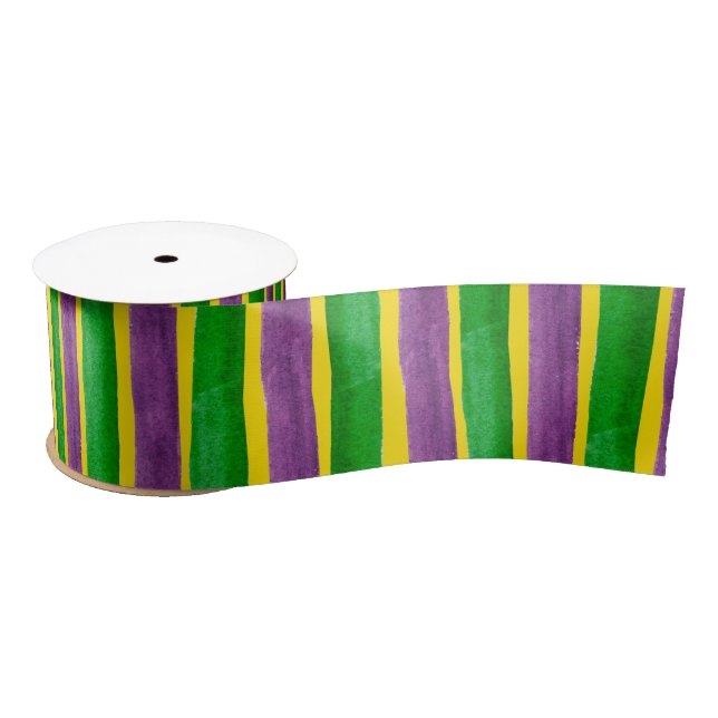 Mardi Gras Hand Painted Purple Green Gold Stripes Satin Ribbon (Spool)