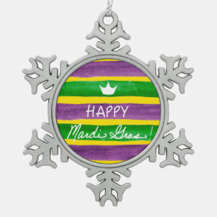 Mardi Gras Hand Painted Purple Green Gold Stripes Snowflake Pewter Christmas Ornament
