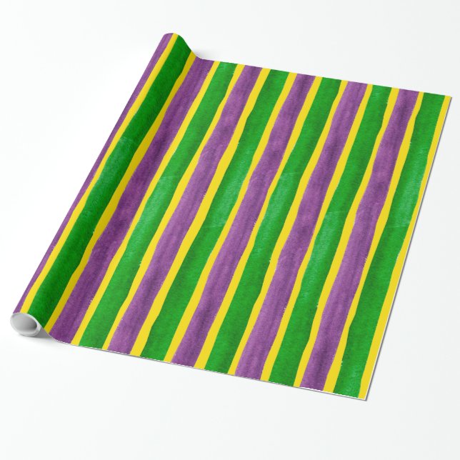Mardi Gras Hand Painted Purple Green Gold Stripes Wrapping Paper (Unrolled)
