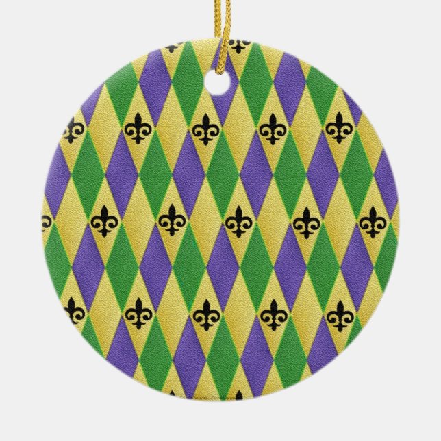 Mardi Gras Harlequin Fleur De Lis Ceramic Tree Decoration (Front)