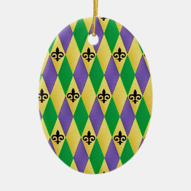 Mardi Gras Harlequin Fleur De Lis Ceramic Tree Decoration (Front)