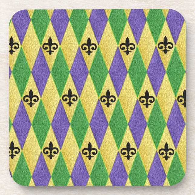 Mardi Gras Harlequin Fleur De Lis Coaster (Front)