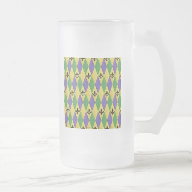 Mardi Gras Harlequin Fleur De Lis Frosted Glass Beer Mug (Right)