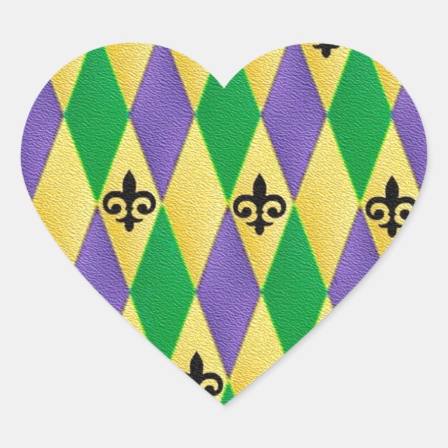 Mardi Gras Harlequin Fleur De Lis Heart Sticker (Front)