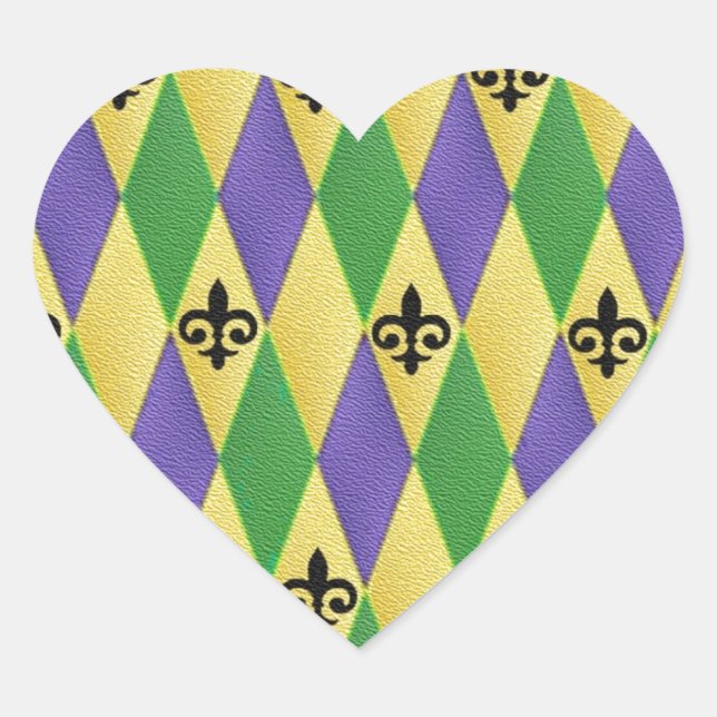 Mardi Gras Harlequin Fleur De Lis Heart Sticker (Front)