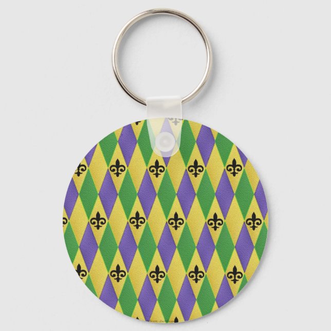 Mardi Gras Harlequin Fleur De Lis Key Ring (Front)