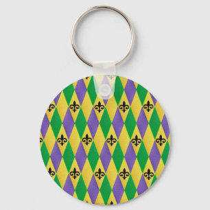 Mardi Gras Harlequin Fleur De Lis Key Ring