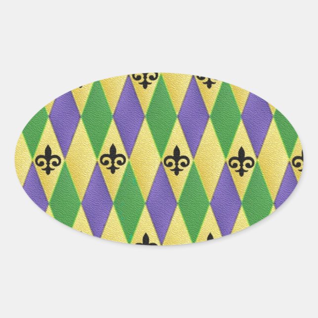 Mardi Gras Harlequin Fleur De Lis Oval Sticker (Front)