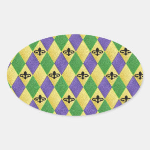 Mardi Gras Harlequin Fleur De Lis Oval Sticker
