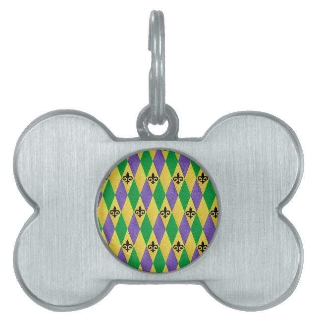 Mardi Gras Harlequin Fleur De Lis Pet Tag (Front)