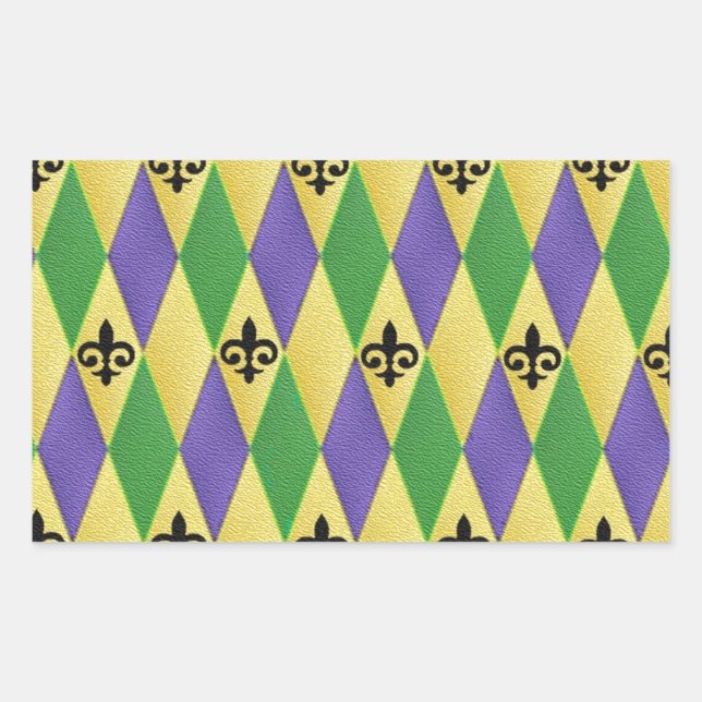 Mardi Gras Harlequin Fleur De Lis Rectangular Sticker (Front)
