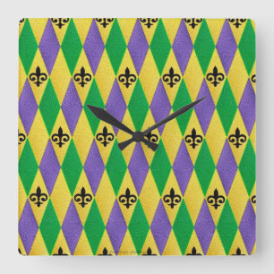 Mardi Gras Harlequin Fleur De Lis Square Wall Clock