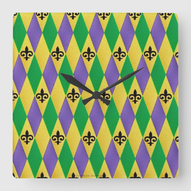 Mardi Gras Harlequin Fleur De Lis Square Wall Clock (Front)