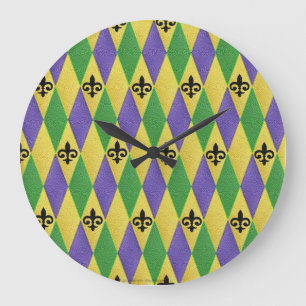 Mardi Gras Harlequin Fleur De Lis Wall Clock