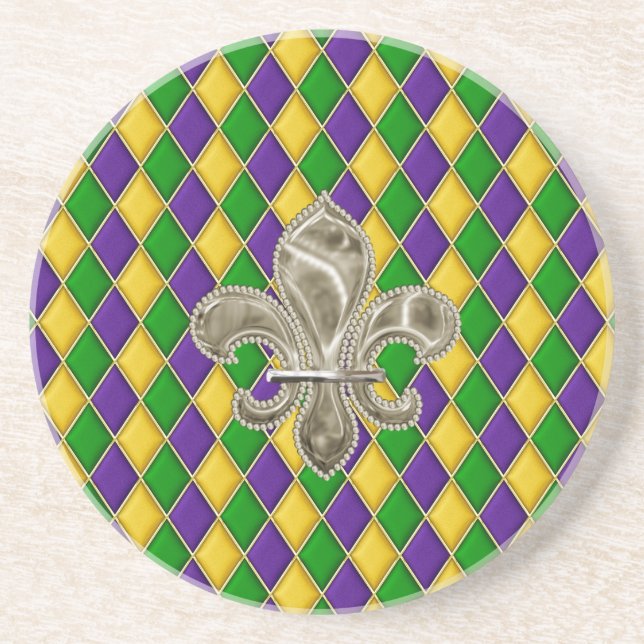 Mardi Gras Harlequin Pattern Coaster w/Fleur deLys (Front)