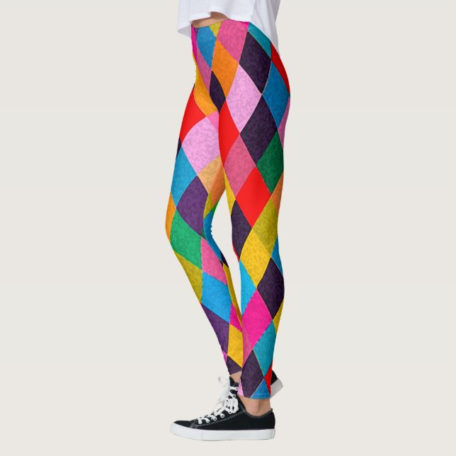 MARDI GRAS HARLEQUIN PATTERN Colourful Rhombi Leggings (Left)