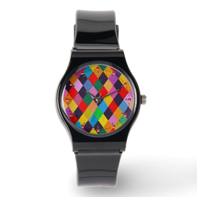 MARDI GRAS HARLEQUIN PATTERN Colourful Rhombi  Wat Watch (Front)