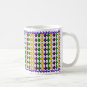 Mardi Gras Harlequin Pattern Mug w/Purple Beads