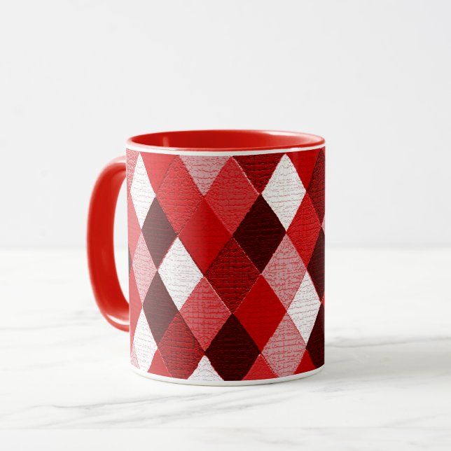 MARDI GRAS HARLEQUIN PATTERN Red Pink White Rhombi Mug (Front Left)
