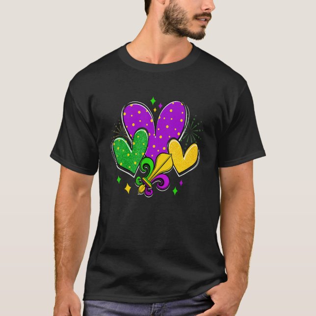 Mardi Gras Hearts Love Mardi Gras Fleur De Lys Fes T-Shirt (Front)