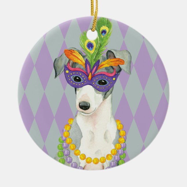Mardi Gras Italian Greyhound Ceramic Tree Decoration (Front)