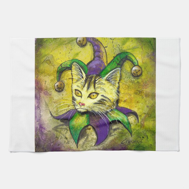 Mardi Gras Jester Kitty by GG Burns Tea Towel (Horizontal)