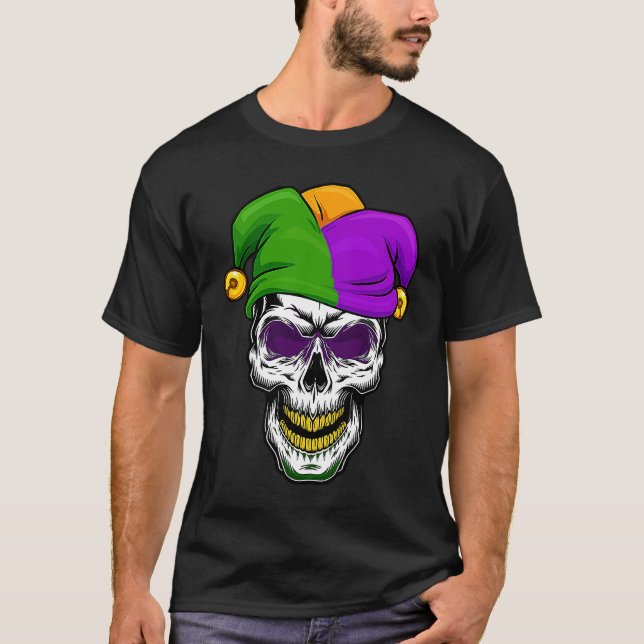Mardi Gras Jester Skull  New Orleans Carnival Fest T-Shirt (Front)