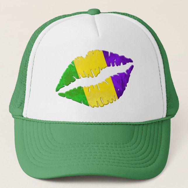Mardi Gras Kiss Lips Purple Yellow Green Trucker Hat (Front)