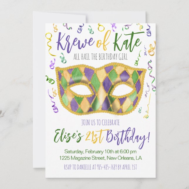Mardi Gras Krewe Birthday Invitation (Front)