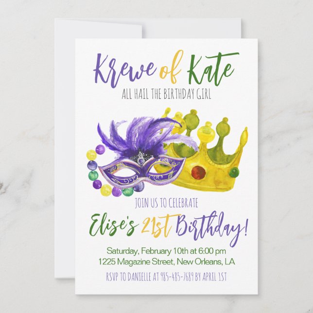 Mardi Gras Krewe Birthday Invitation (Front)