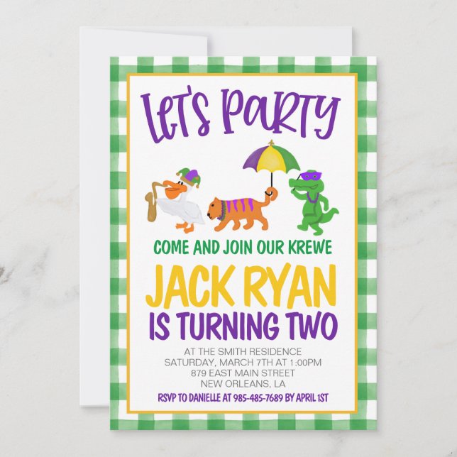 Mardi Gras Krewe Birthday Invitation (Front)