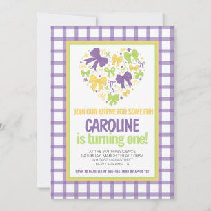 Mardi Gras Krewe Coquette Bow  First Birthday Invitation
